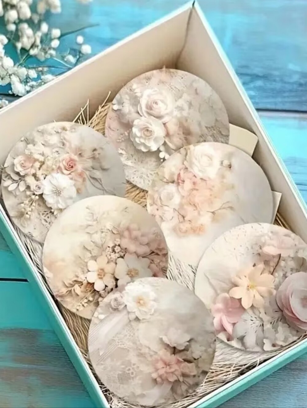 6 Piece Spring-Floral Wooden Coasters Set. 4" W.